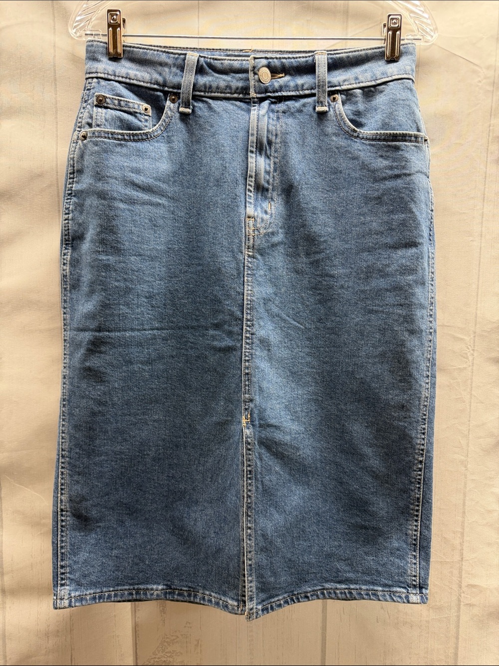 GAP Denim Medium Indigo Blue Front Slit Midi Jean Skirt Size 4 - Picture 5 of 10